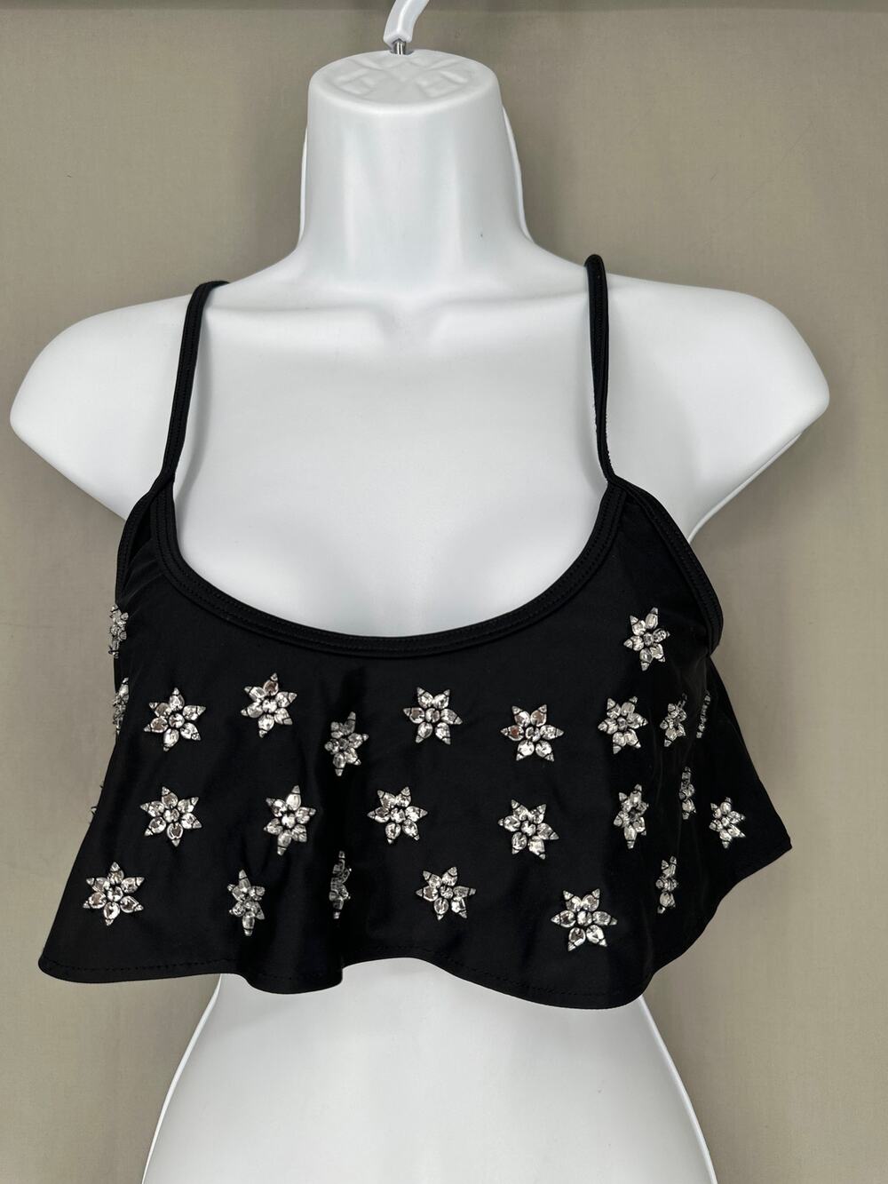 Beach Riot Swim Top Womens Small Black Star Rhinestone Ruffle Beach